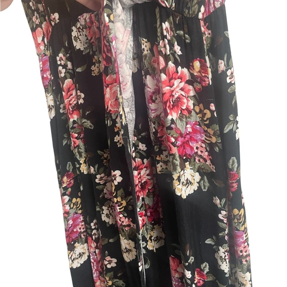 Black Floral Maxi Dress Womens XL Surplice V Neck Short Sleeve Front Slit Flowy - Picture 5 of 9